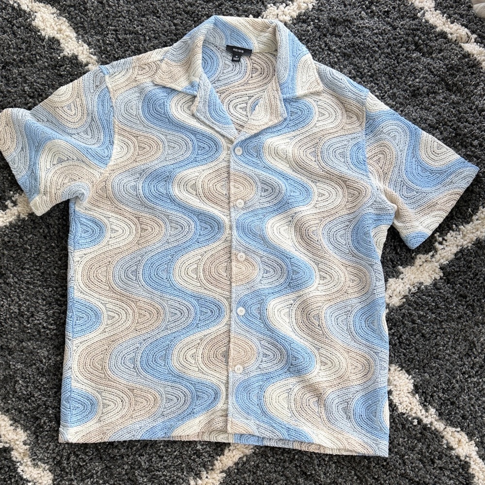 Reiss Woven Wave-Pattern Short Sleeve Shirt - Blue & Cream